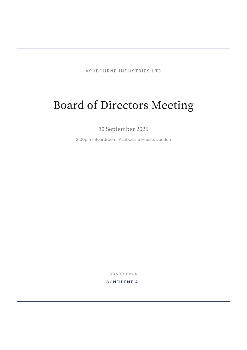 Page 1 of the example board pack: the cover