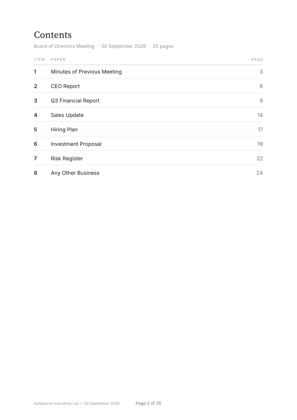 Page 2 of the example board pack: the contents page
