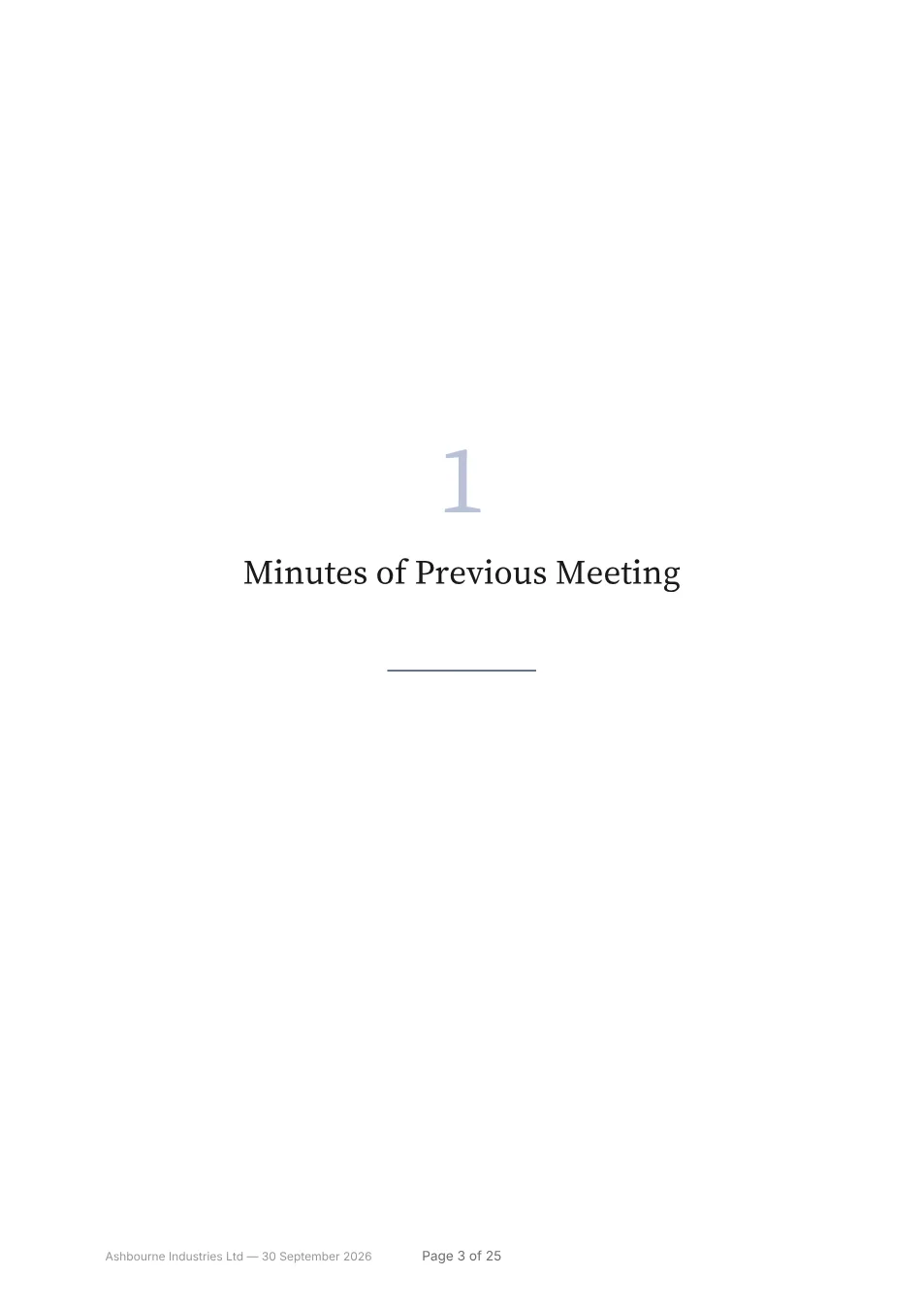 Page 3 of the example board pack: a section divider