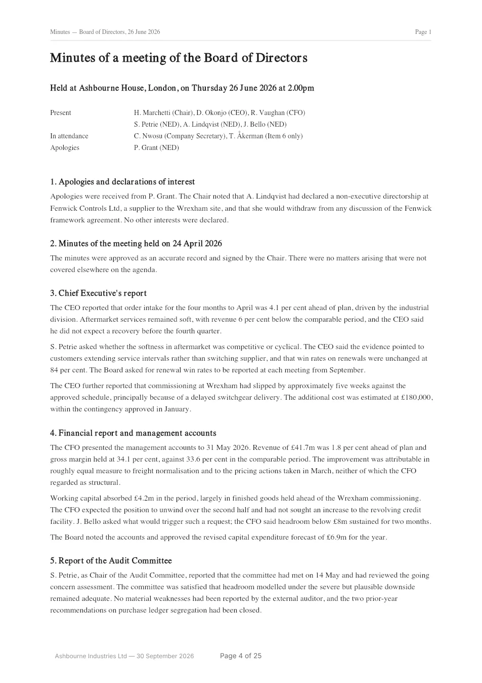Page 4 of the example board pack: your document, as it arrived