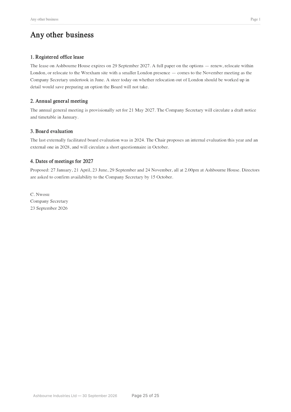 Page 25 of the example board pack: the last page